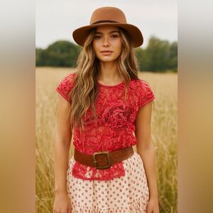 ECI Red 3D Floral Lace Romantic Short Sleeve Top Coral/ Red Vintage 90’s